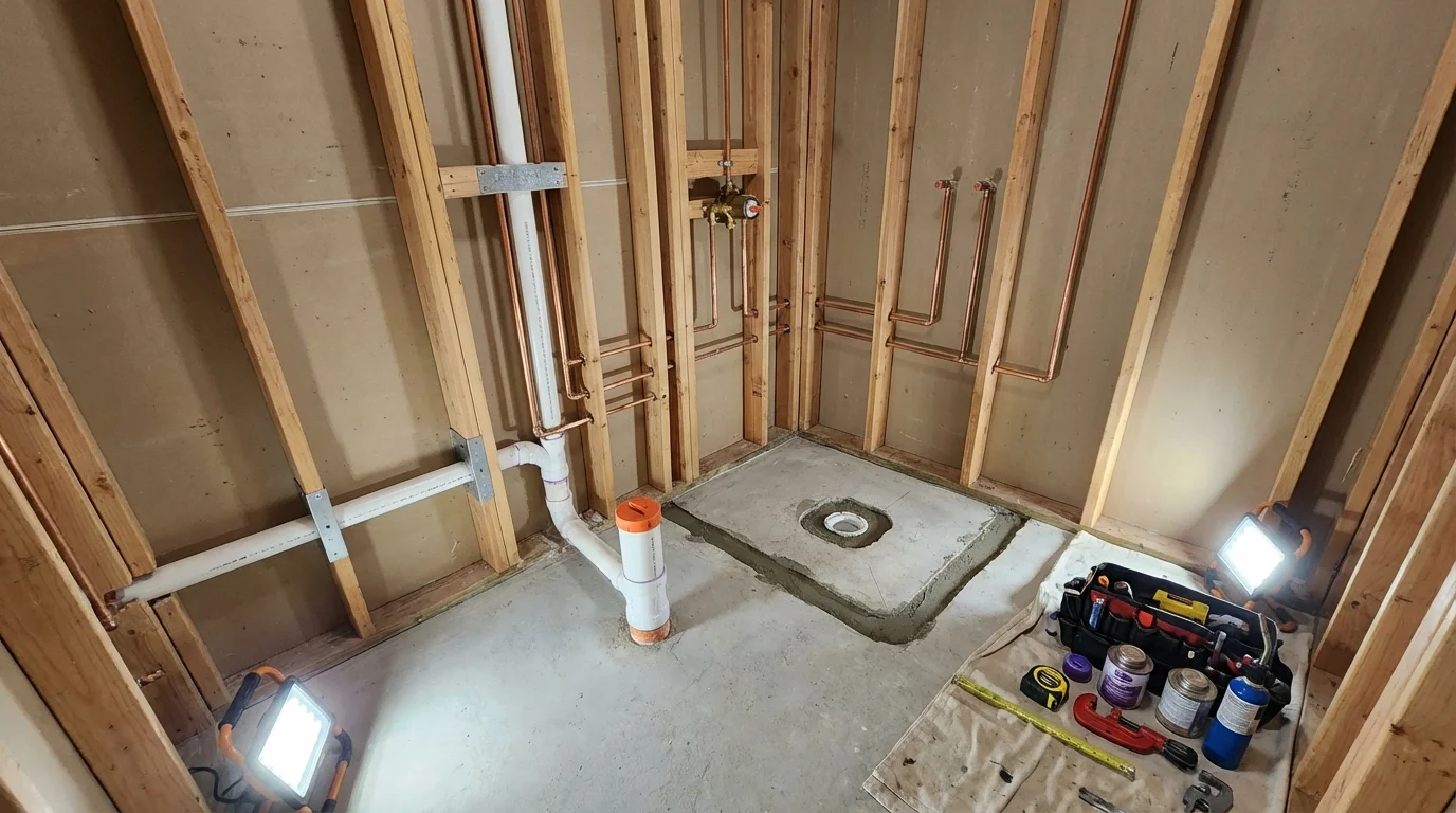 Bathroom rough-in plumbing during remodel by Johns Plumbing LLC in Whitney