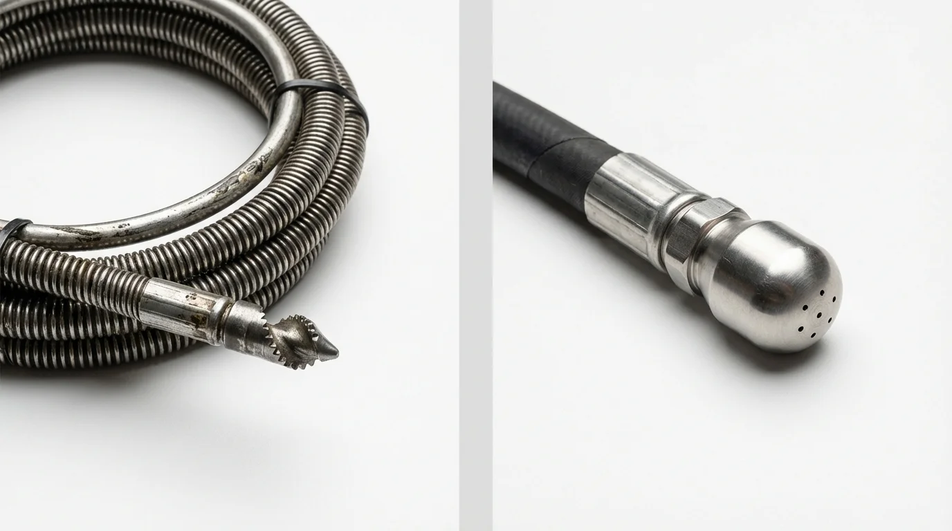 Drain snake cable and hydro jetting nozzle used for drain cleaning in Whitney, TX