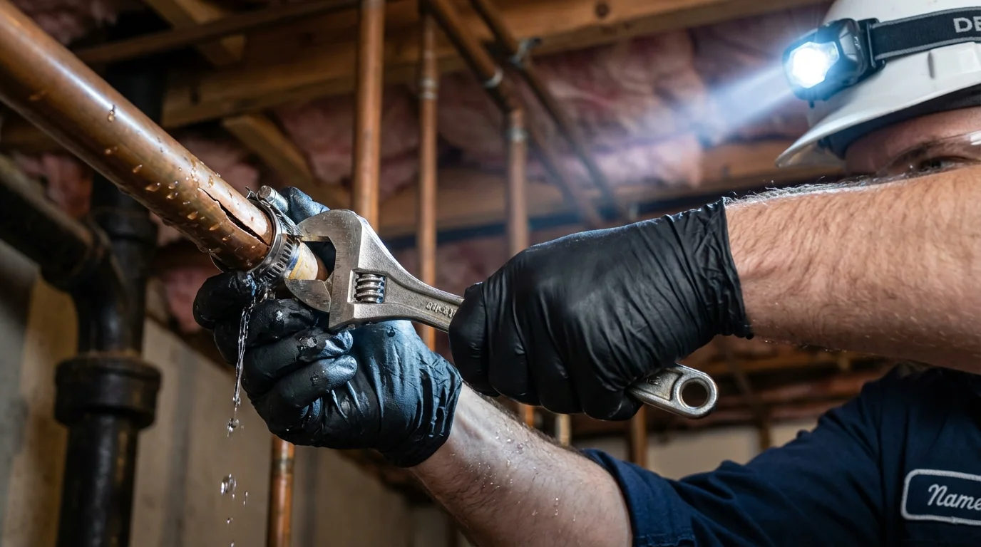 Emergency pipe clamp repair being performed by a Johns Plumbing LLC plumber in Whitney