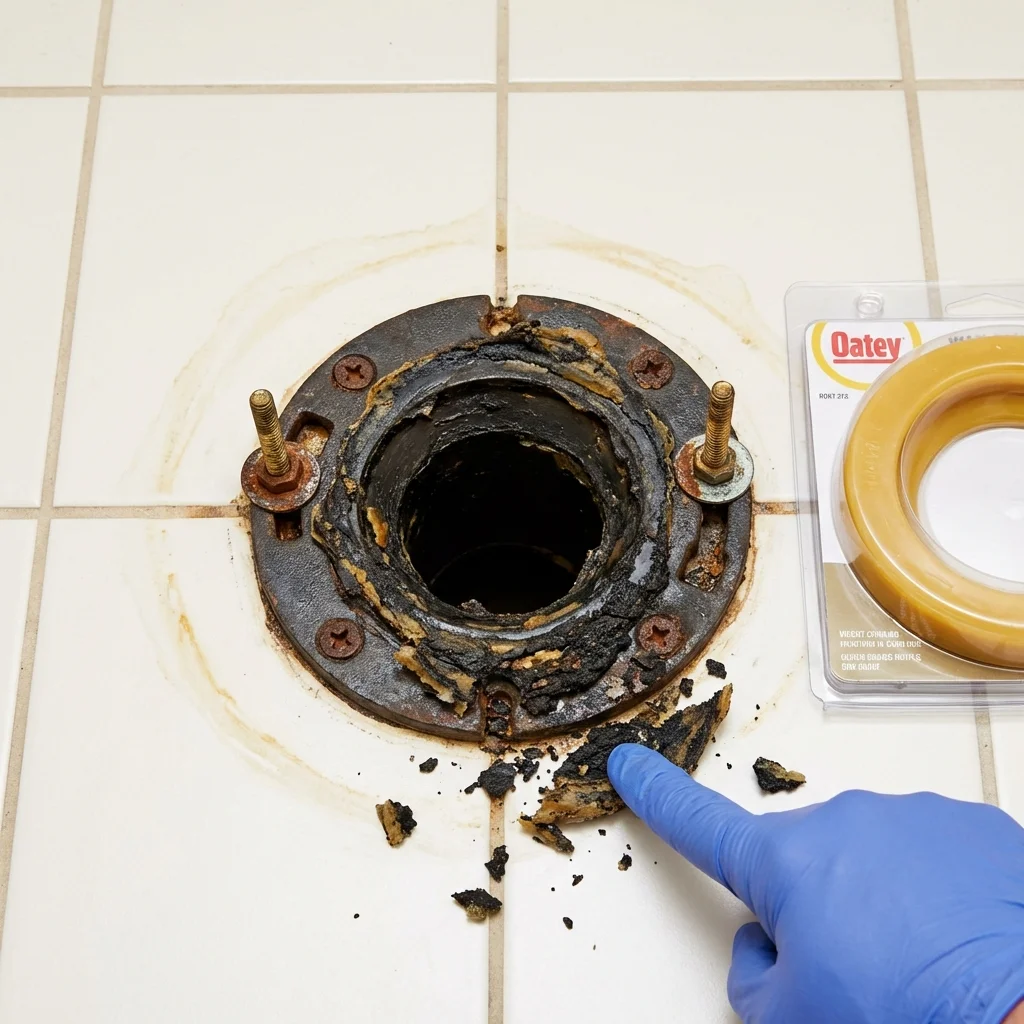 Failed wax ring showing water seepage at the base of a toilet in a Whitney, TX home