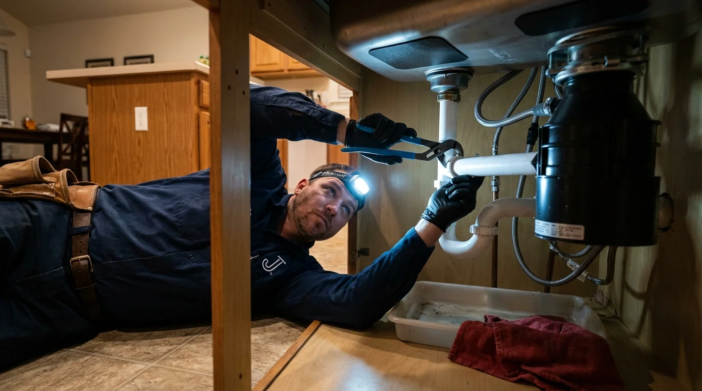 P-trap and supply line connections under a kitchen sink showing a common leak point in Whitney, TX